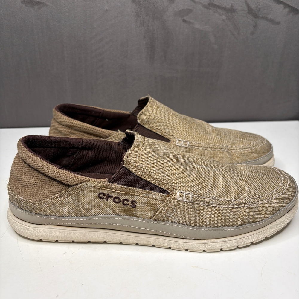Crocs Santa Cruz Loafers Mens 10 Khaki Brown Canvas Slip On Shoes Minimalist